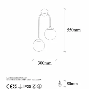 Store Opviq Applique murale Jewel 10585 doré, verre opalin 55 x 30 cm à 2 lampes