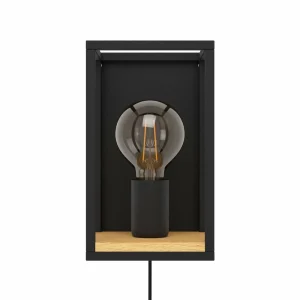 New EGLO Applique murale Libertad, largeur 14 cm, noir/bois, acier