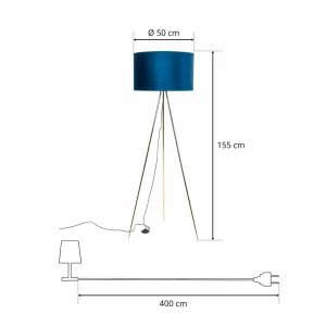 Shop Domiluce Lampadaire Monaco, trépied doré, velours bleu