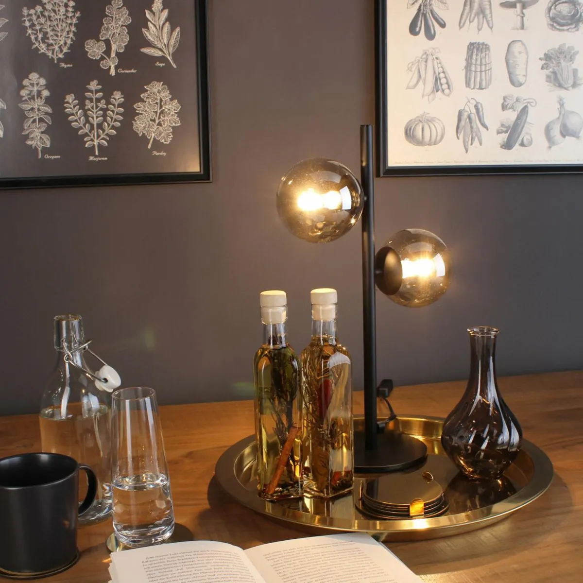 lampe__poser_neptune_noire__sphres_verre_fum_1.webp Sale Eco-Light Lampe à poser Neptune noire, 2 sphères verre fumé