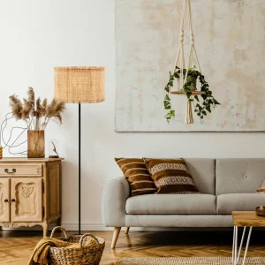 New Briloner Lampe sur pied Borra, naturel, métal, paille, E27