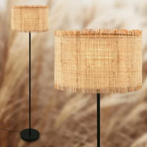 New Briloner Lampe sur pied Borra, naturel, métal, paille, E27