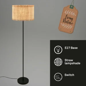 New Briloner Lampe sur pied Borra, naturel, métal, paille, E27
