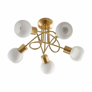 New Lindby plafonnier Elaina, Ø50cm, 5 lampes, laiton, verre