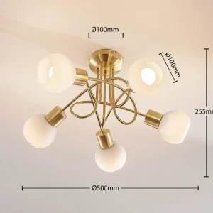New Lindby plafonnier Elaina, Ø50cm, 5 lampes, laiton, verre