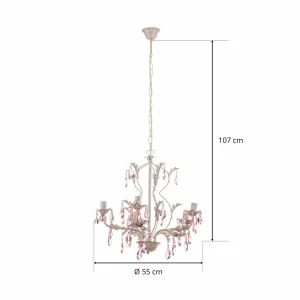 Store ONLI Lustre Kate, 5 lampes blanc, cristaux rosés