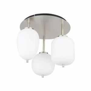 Store Globo Plafonnier Blacky I, nickel/opal, Ø 46 cm, 3 lampes, verre