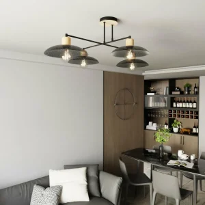 New EMIBIG LIGHTING Plafonnier Kobe à 4 lampes, acier, bois, noir