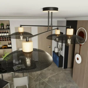 New EMIBIG LIGHTING Plafonnier Kobe à 4 lampes, acier, bois, noir