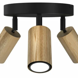 Cheap Luminex Plafonnier Nise, 3 lampes, rond, acier noir, bois