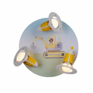 Store Elobra Plafonnier Pelleteuse Chantier, jaune, Ø 29 cm, à 3 lampes