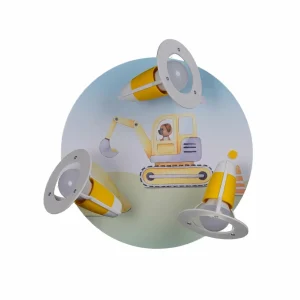 Store Elobra Plafonnier Pelleteuse Chantier, jaune, Ø 29 cm, à 3 lampes