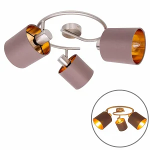 Best Sale Näve Plafonnier rond Maron à 3 lampes tissu, brun/doré