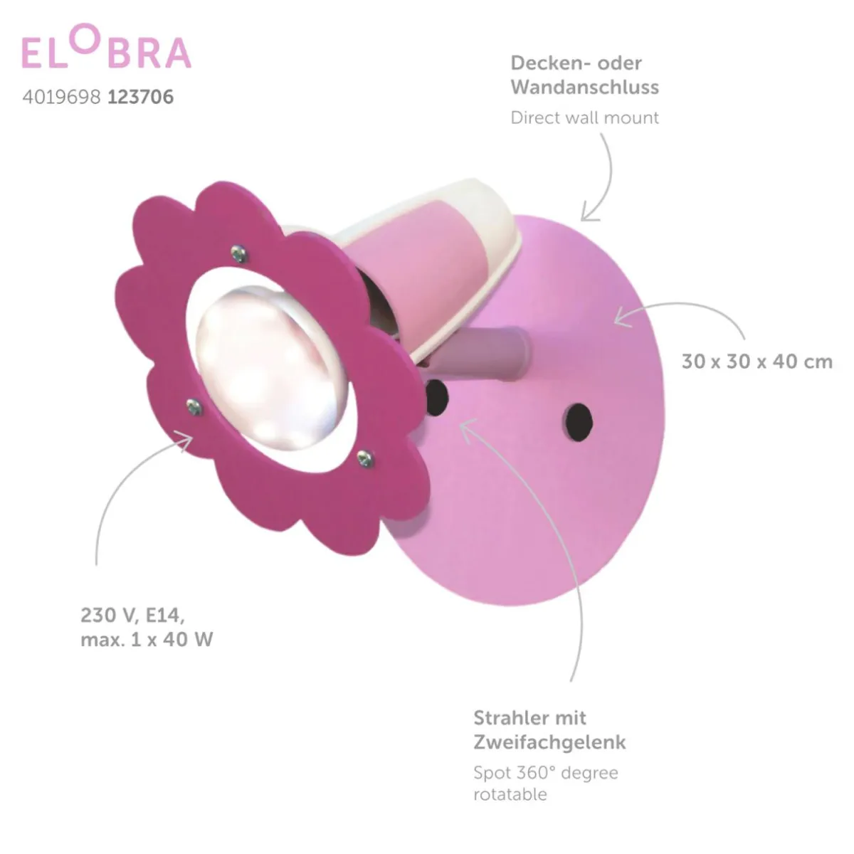 spot_mural_fleurs_rose___lampe_0.webp Discount Elobra Spot mural Fleurs, rose, à 1 lampe