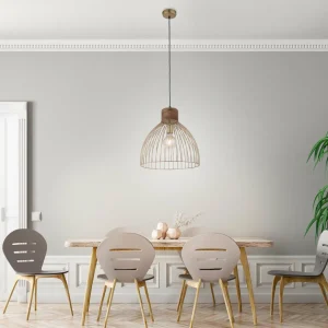 Discount JUST LIGHT. Suspension Alami bois de manguier laiton mat à 3 lampes.