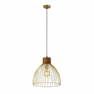 Discount JUST LIGHT. Suspension Alami bois de manguier laiton mat à 3 lampes.