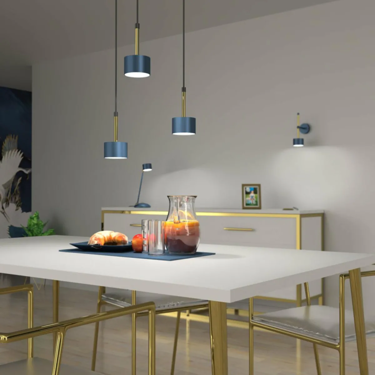 suspension_arena_ronde__trois_lampes_bleudor_0.webp Best Eko-Light Suspension Arena ronde à trois lampes, bleu-doré