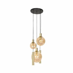 Store Steinhauer Suspension Bollique, 5 lampes rondes, laiton, GU10 + E27