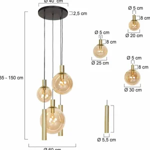 Store Steinhauer Suspension Bollique, 5 lampes rondes, laiton, GU10 + E27
