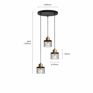 Clearance HELAM Suspension Edison en noir/cuivré à 3 lampes ronde