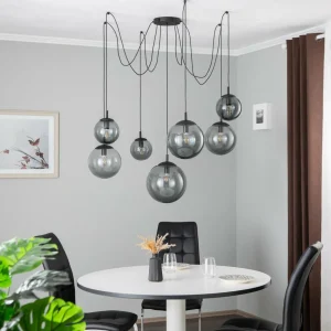 Store TK Lighting Suspension Esme, verre, graphite-transparent, 7 lampes, décentralisé