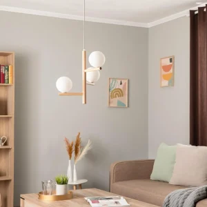 Cheap TK Lighting Suspension Estera, verre opalin, bois, à 3 lampes