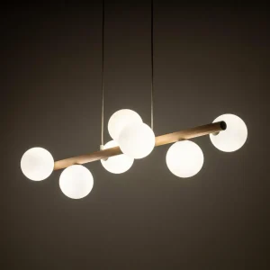 Discount TK Lighting Suspension Estera, verre opalin, bois, à 7 lampes