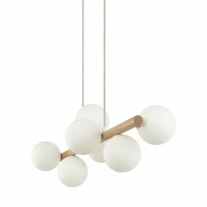 Discount TK Lighting Suspension Estera, verre opalin, bois, à 7 lampes