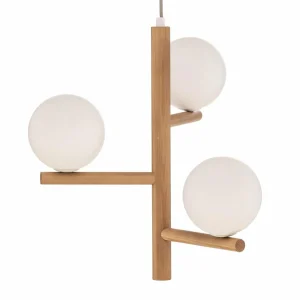 Cheap TK Lighting Suspension Estera, verre opalin, bois, à 3 lampes