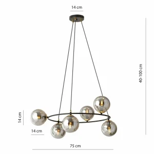 Outlet Euluna Suspension Glassy 6 lampes, ronde, verre graphite