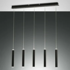 Outlet Fabas Luce Suspension LED Prado, noir, à 5 lampes, linéaire, intensité variable