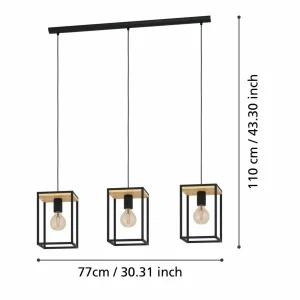 Clearance EGLO Suspension Libertad, longueur 88 cm, noir/bois, 3 lampes
