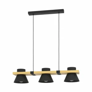 Discount EGLO Suspension Maccles en noir avec bois, à 3 lampes