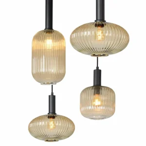 Outlet Lucide Suspension Maloto, verre, 7 flammes, ambre, 150 cm