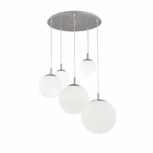 Sale Argon Suspension Maroni, chrome/blanc, verre, à 5 lampes