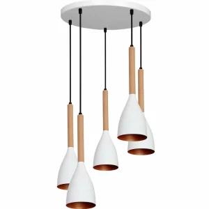 Flash Sale Euluna Suspension Muza 5 lampes ronde blanc/or/bois clair