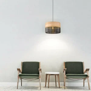 Discount TK Lighting Suspension Nicol, noir/imitation bois, Ø 38 cm, à 1 lampe. 1 x E27
