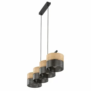 Shop TK Lighting Suspension Nicol, noir/imitation bois, 94x20 cm 4 à 4 lampes E27