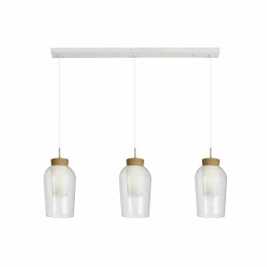 Discount Mantra Iluminación Suspension Nora, blanc, transparent, 3 lampes poutre, verre