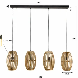 Sale Zijlstra Suspension Orbit, bois de manguier naturel, longueur 135 cm 4 lampes