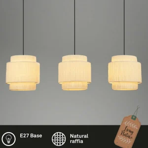 Store Briloner Suspension Papper, 3 lampes, naturel, raphia, E27