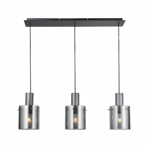 Best Sale Brilliant Suspension Riffelini, longueur 98 cm, gris fumé/noir, 3 lampes