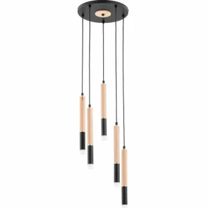 Outlet Alfa Suspension Rodeo, noir / couleur bois, à 5 lampes