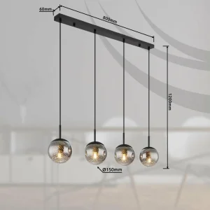 Cheap Globo Suspension Samos, longueur 90 cm, gris fumé, 4 lampes, verre