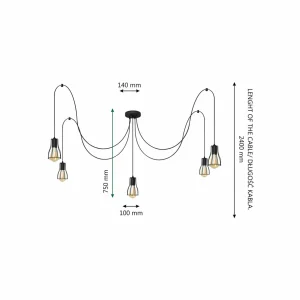 New HELAM Suspension Tube Long, noir, métal, 5 lampes, E27