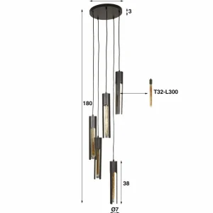 Sale Zijlstra Suspension Tube, noir, Ø 30 cm, métal, à 5 lampes