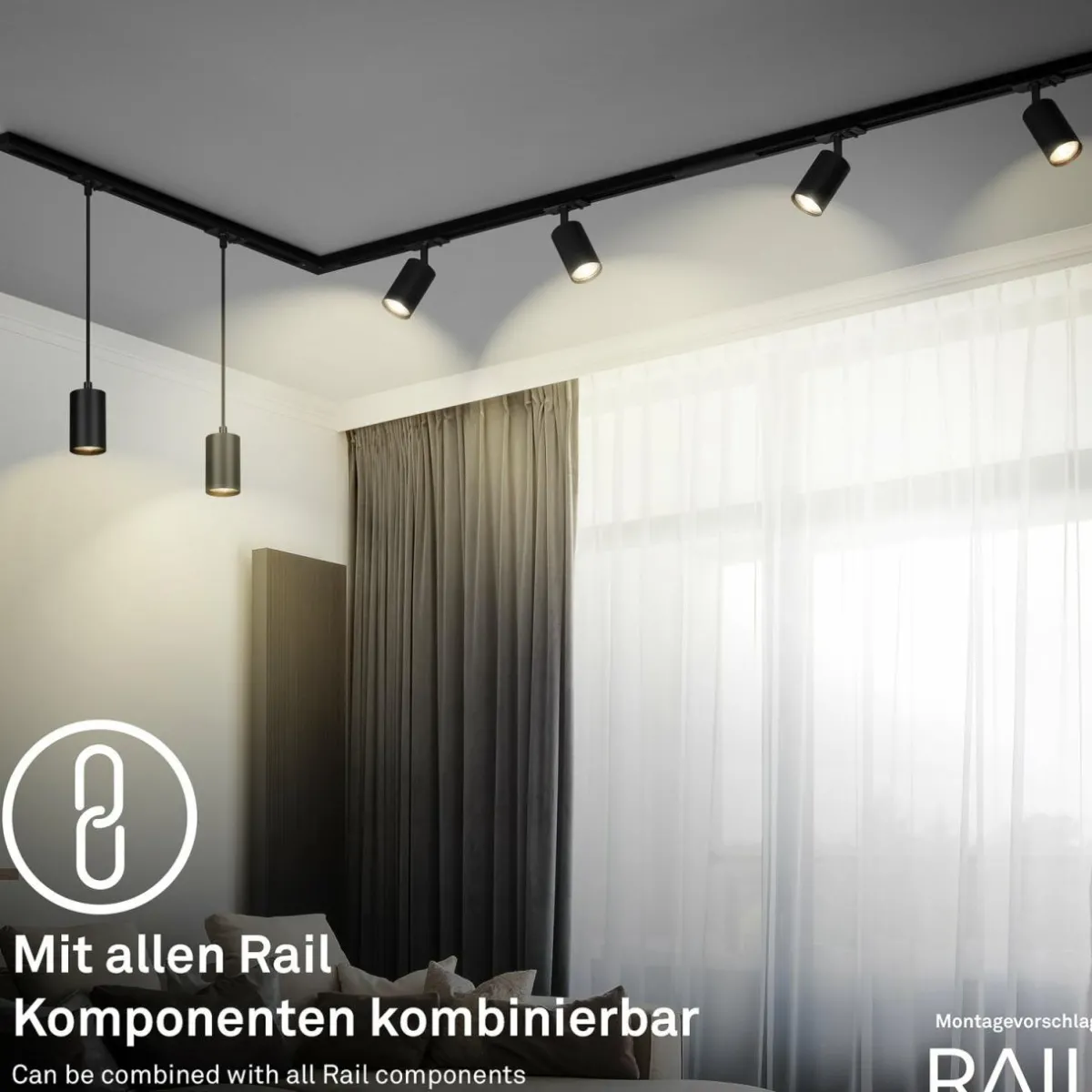 New Briloner Système de lampes sur rail RAIL 230 V, noir, 4 suspensions LED, longueur 1,5m